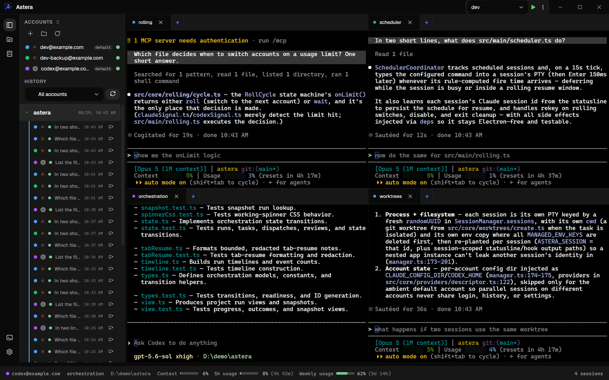 Actual Astera terminal view with four sessions running across Claude Code and Codex accounts.